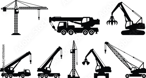 Construction crane silhouette icon set with tower cranes, mobile cranes, excavators, heavy lifting machinery illustration isolated white background