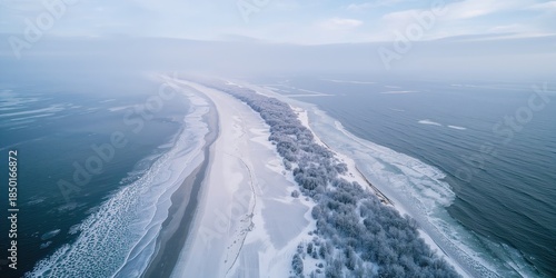 Fototapeta Naklejka Na Ścianę i Meble -  Winter landscape of the Hel peninsula with snow and frozen Baltic Sea, highlighting erosion concerns