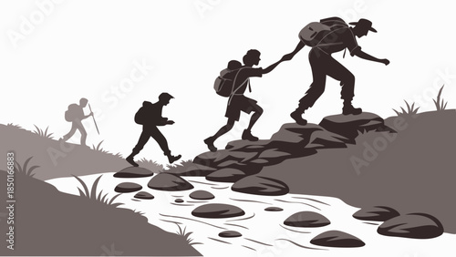 Teamwork Hiking Adventure Crossing River Together Overcoming Obstacles for Success and Growth in Outdoor Exploration and Business Journey