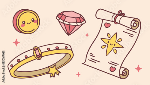 Cute Magical Treasure Scroll Gem Ring and Coin for Fantasy Game Design Web Animation and Children's Story Illustration