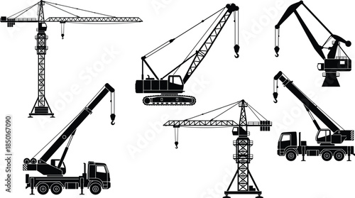 Construction crane silhouette set, tower crane crawler crane mobile crane operations, heavy lifting machinery collection, industrial building equipment, black vector illustration