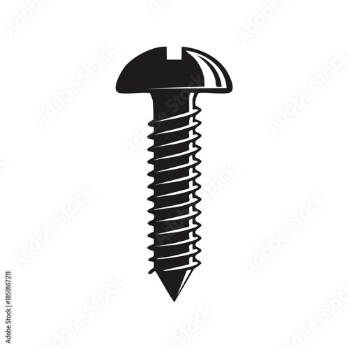 Illustration of a Screw with Round Head, Mechanical Fastener Black Silhouette