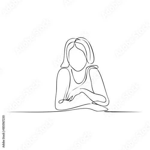Pensive woman sits thoughtfully in simple line drawing facing slightly downward