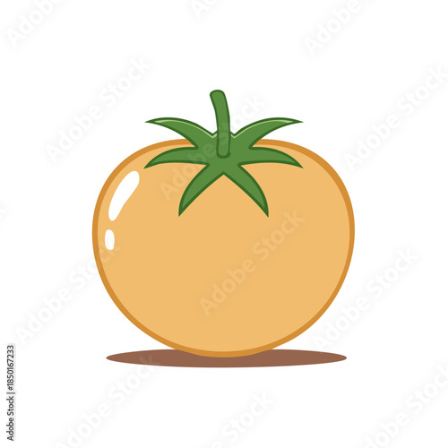 Cartoon golden tomato illustration with green stem and shiny highlight. Simple design element