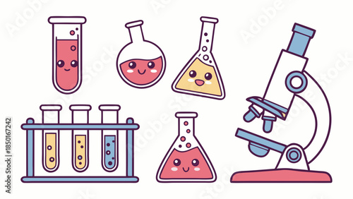 Cute Science Lab Equipment For Education And Healthcare Marketing, Fun Chemistry Illustrations For Kids Learning And Medical Research Promotion