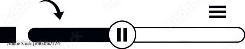 A black and white horizontal slider control with a pause button and menu icon on a