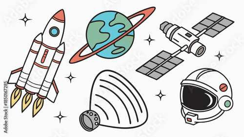 Futuristic Space Exploration Rocket, Planet, Satellite, Helmet, and Asteroid for Science, Technology, and Adventure Projects