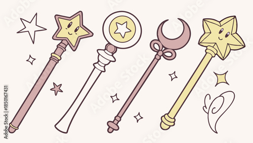 Whimsical Cartoon Magic Wands with Stars and Moon. Cute Fantasy Illustration for Kids' Birthday Parties, Dreamy Playtime, and Charming Children's Web Design.