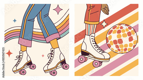 Vibrant Retro Roller Skates with Disco Ball and Rainbow. Fun Vintage Style for Active Leisure, Nostalgia, and Event Promotion.
