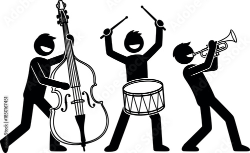 Three musicians playing double bass, drum and trumpet in black silhouette