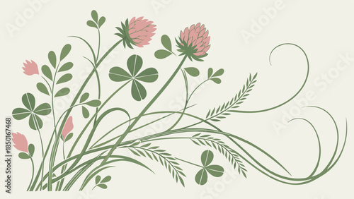 Fresh Green Clover and Wheat Botanical Vector Illustration for Organic Food Packaging, Eco-Friendly Product Branding, Spring Summer Marketing, Web Design, Health Wellness