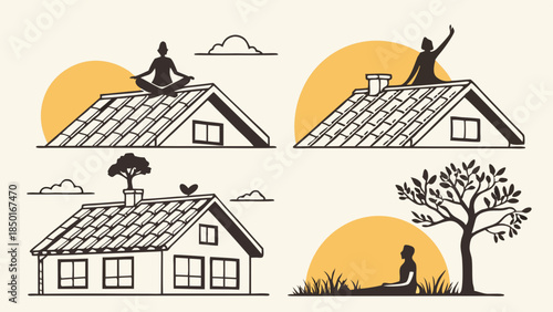 Peaceful Home Living and Mindful Wellness. People Relaxing on Roofs and Outdoors. Serenity, Self-Care, Mental Health, Nature Connection, Balance.