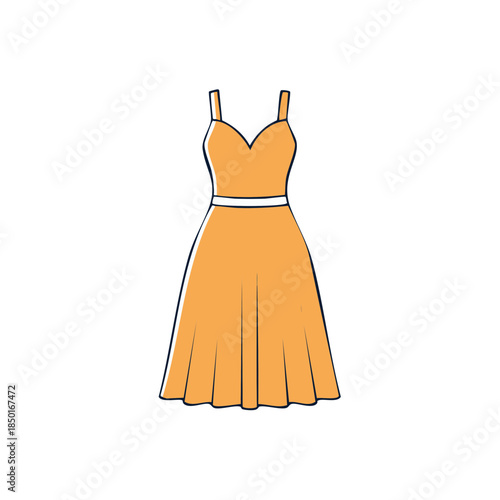 Illustration of an orange dress with spaghetti straps and a sash for apparel or fashion design