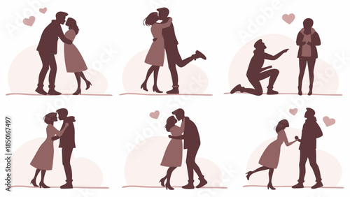 Romantic Couple Silhouettes Kissing Hugging Proposing Holding Hands Love and Relationship Moments for Valentines Day