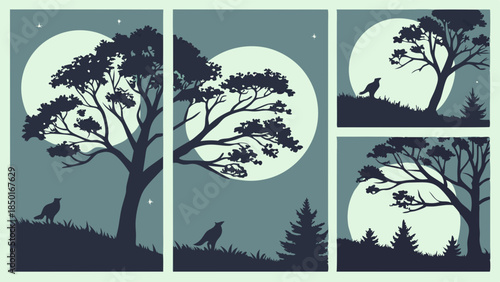 Nighttime Serenity: Majestic Moonlit Trees and Howling Wolf Silhouette for Ethereal Website Design, Nature Themes, and Mystical Marketing Campaigns