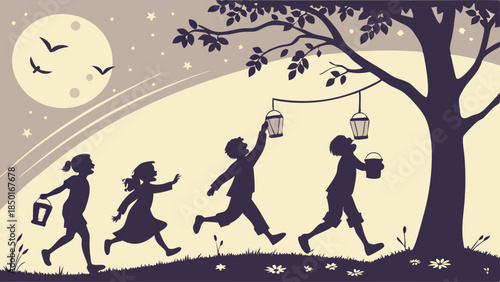 Children Chasing Fireflies at Dusk, Magical Summer Night Adventure, Childhood Wonder, Outdoor Fun, Family Memories, Evening Play, Nature Exploration, Joyful Youth