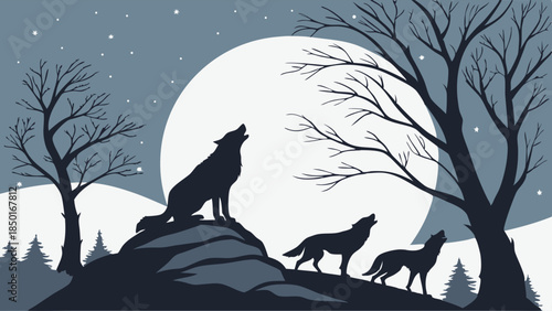 Mysterious Wolves Howling at Full Moon in Winter Forest, Evoking Wildness, Freedom, and Nature's Power for Adventure and Wildlife Themes