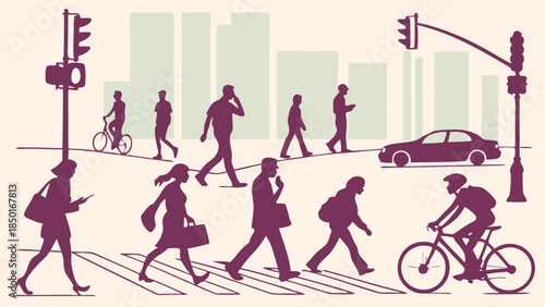Urban Commute: Diverse Pedestrians and Cyclist Navigating City Crosswalks, Dynamic Street Life, Modern Urban Mobility, Busy Downtown Scene, Active Lifestyles