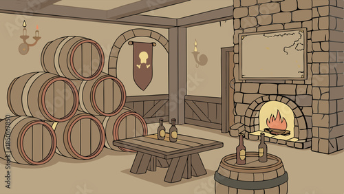 Rustic Wine Cellar with Barrels and Fireplace for Cozy Ambiance and Beverage Marketing