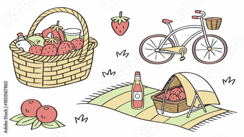 Summer Picnic Fun with Bicycle, Basket of Strawberries and Apples, Blanket, and Bottle for Outdoor Recreation and Food Marketing