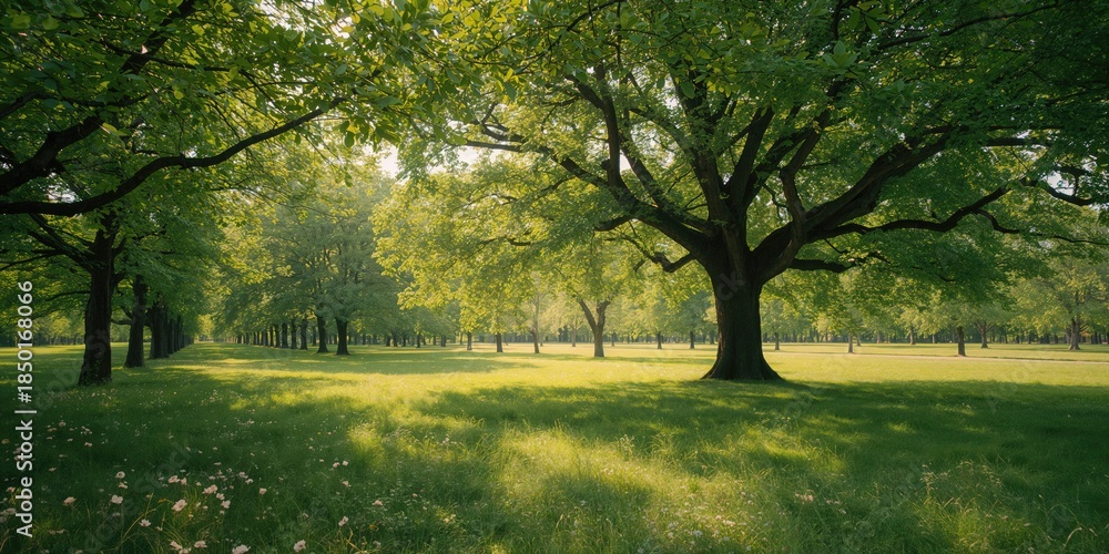 Fototapeta premium Line of lush green trees, suitable as a background for environmental layout