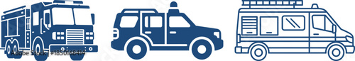 Fire Truck Police SUV and Ambulance Van Icons on White Background fire engine police SUV