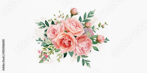 Botanic watercolor illustration of pink flowers, leaves, and branches, designed for decorative floral patterns
