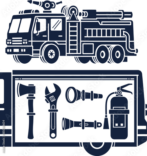 Fire Truck With Tools And Equipment Inside Cargo Area Silhouette fire engine emergency vehicle