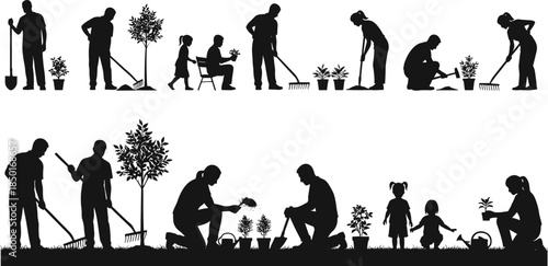 Gardening activity silhouettes, family and community teamwork, planting and watering scenes, black vector design, nature care concept, outdoor lifestyle illustrationGardening activity silhouettes