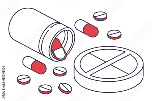 Line drawing set of pill and capsule isometric medical icons vector illustration