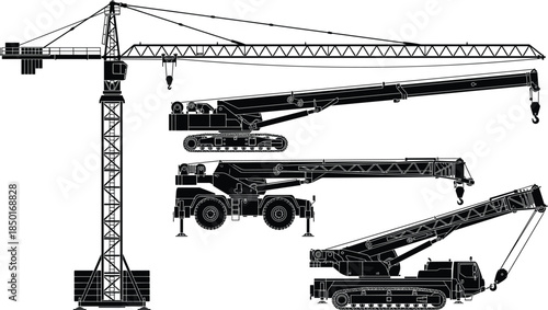 Construction crane silhouette set, tower crane, crawler crane, mobile crane, heavy lifting machinery, industrial equipment, engineering, infrastructure,r illustration