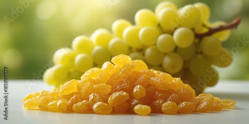 Heap of organic yellow jumbo raisins alongside green grapes used for healthy Mediterranean cuisine