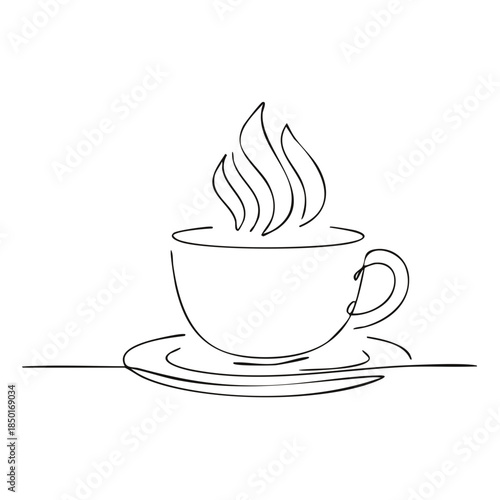 Single continuous line drawing of a cup of hot coffee with steam on a saucer