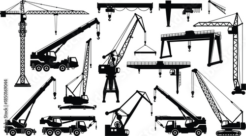 Construction crane silhouettes collection, tower cranes, mobile cranes, gantry cranes, crawler cranes, industrial lifting equipment, heavy machinery, vector illustration