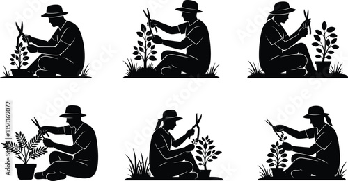 Gardening silhouette illustration, pruning plants, outdoor activity, horticulture care, black vector art, nature lovers, garden maintenance, expressive poses, seasonal work