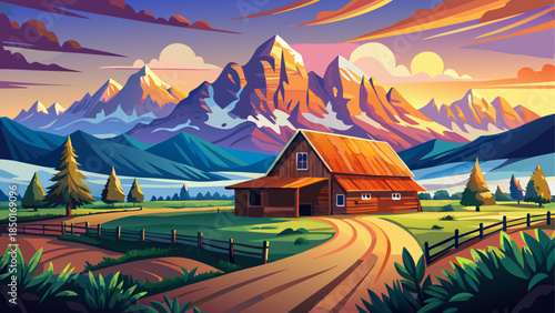 Very beautiful panoramic sunrise of the historic Mormon Barn with the Grand Teton range rising behind, showcasing rural heritage, open fields, and glowing mountain peaks in Wyoming.