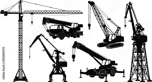 Construction cranes silhouette set, tower crane, mobile crane, crawler crane, industrial lifting machinery, heavy equipment, engineering, building, infrastructure, vector