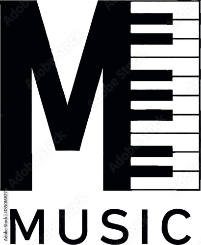 Black music logo with piano keys and letter m on isolated