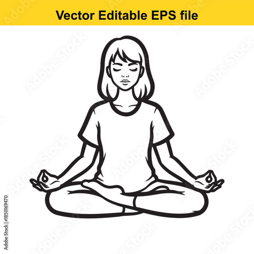  a serene woman sitting in lotus position with eyes closed in a simple line drawing vector illustration