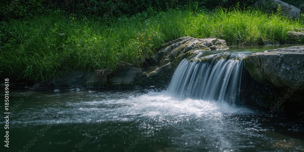 Obraz premium Water flowing over stones in a lush grassy setting, natural erosion risk