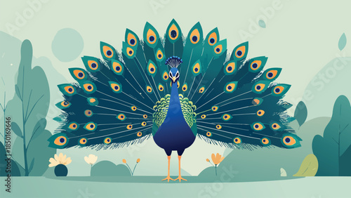 Beautiful peacock illustration with colorful feathers spread out