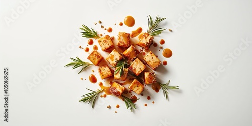 Tofu cubes flavored with rosemary and soy arranged on a white surface for cooking, emphasizing flavor profile