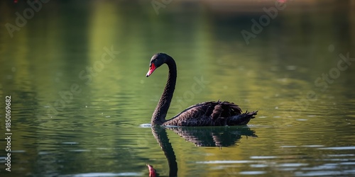 Fototapeta Naklejka Na Ścianę i Meble -  A black swan swimming in a calm water setting, natural habitat preservation awareness