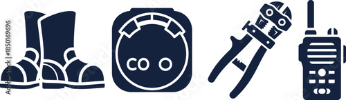 Firefighter Boots Electrical Outlet Cable Cutter and Walkie Talkie Icons work boots safety boots