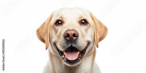 Closeup of a yellow labrador retriever's face on a white background, breed features for identification purposes