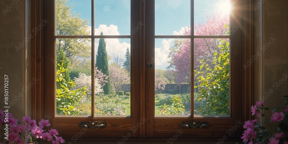 Fototapeta premium Old double window framing a sunlit garden scene, used as a UI backdrop for interface design