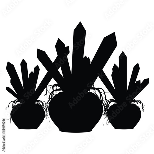 A captivating silhouette of three potted crystal formations creating an enigmatic visual isolated on transparent background