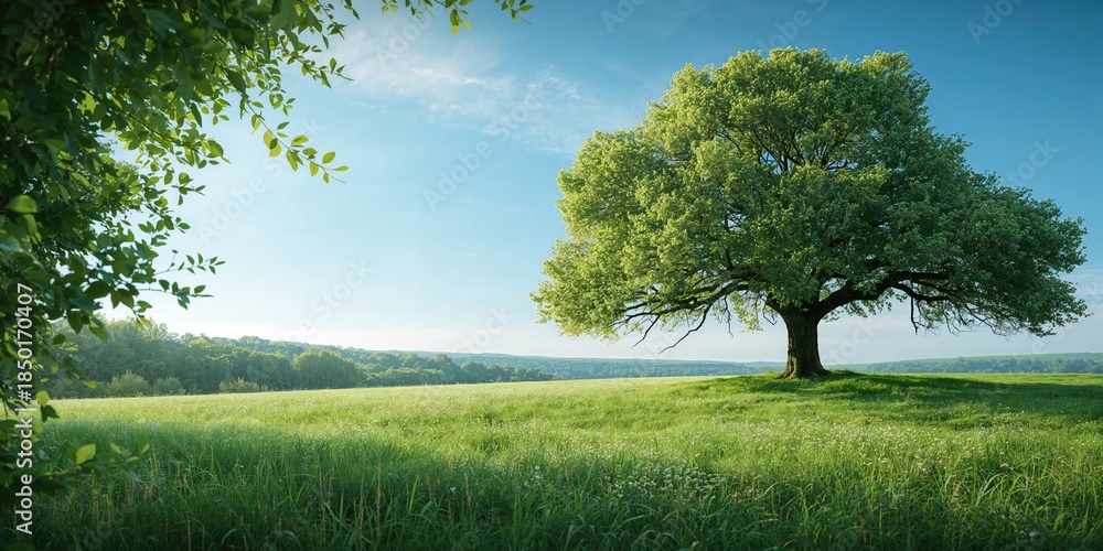 Fototapeta premium Vivid green leaves close to forest terrain in the summer season, suitable for landscape photography