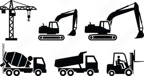 Construction machinery silhouettes icon set, crane excavator mixer truck forklift collection, heavy industrial equipment symbols isolated on white background
