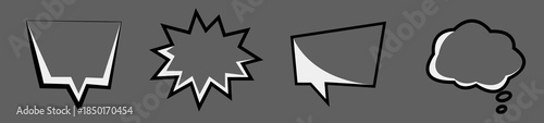 Hand drawn comic speech bubbles collection in black and white pop art style.